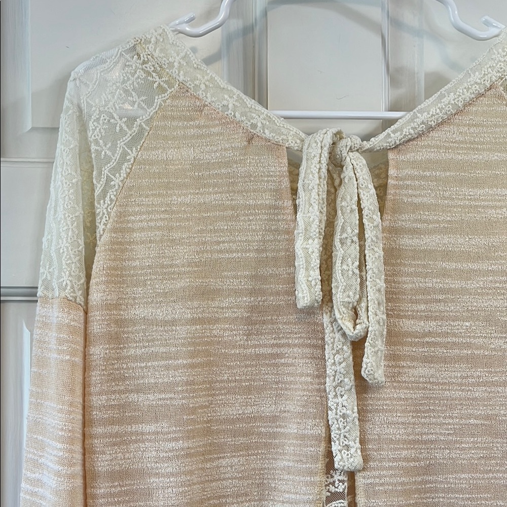 Anthropologie Hazel Peach Cream Lace Insert Bow Tie Back Blouse - Size XS - Picture 10 of 15